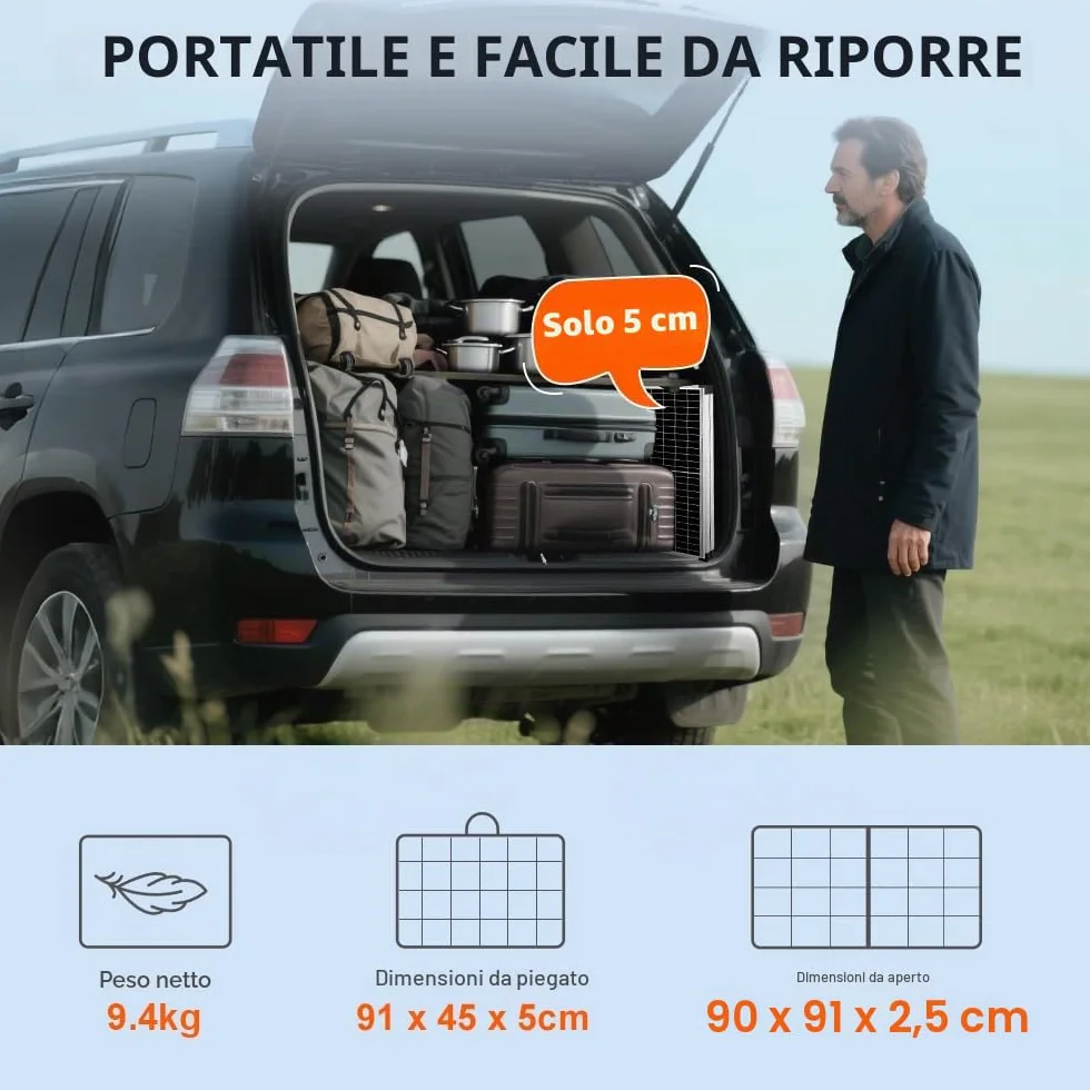 DOKIO 160W 18V Pannello Solare Portatile Pieghevole Monocristallino per batteria da 12V con regolatore di carica solare (2 porte USB) + borsa per il trasporto