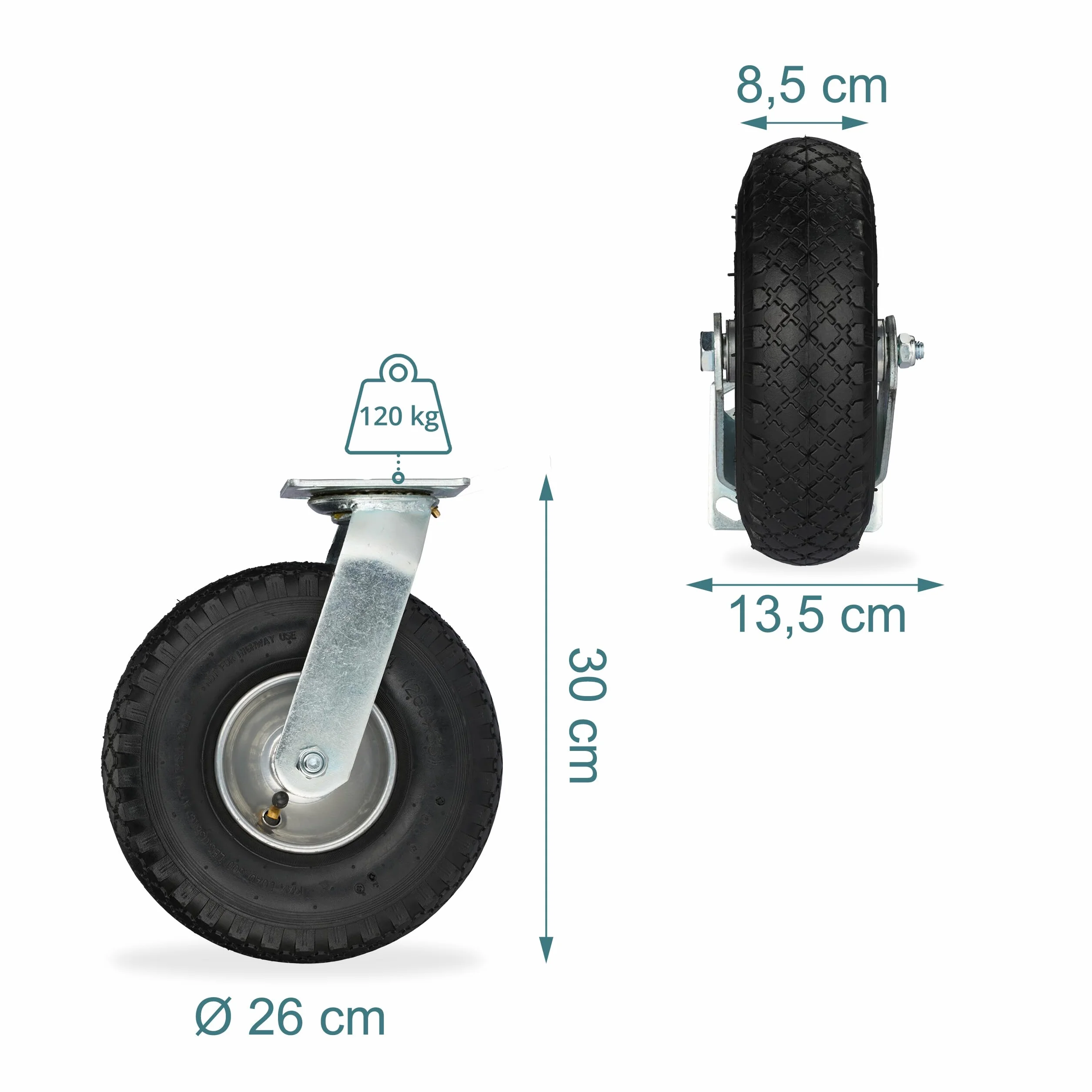 Relaxdays 4 Ruote Fisse e Girevoli 3.00-4, Rotelle per Mobili e Carichi da 120 kg, Piastra di Fissaggio, Nero Argentato