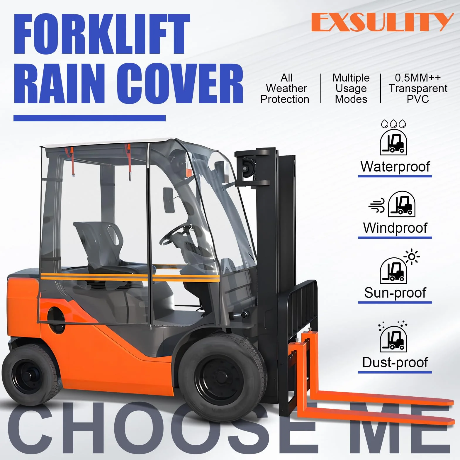 Copertura per carrelli elevatori ad acqua, polvere, neve e antivento, trasparente, con strisce riflettenti arancioni