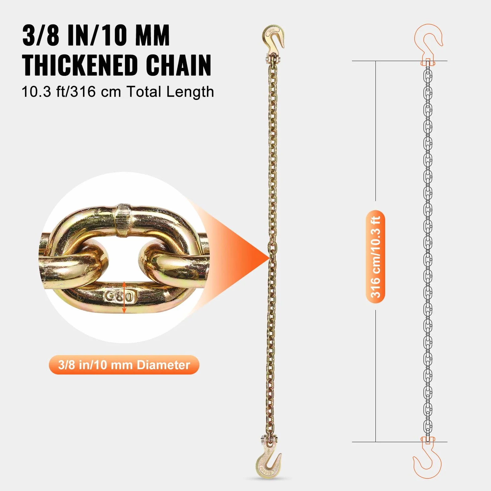VEVOR Catena di Traino con Ganci a Forcella 2 Pezzi Catene di Trasporto G80 10 mm x 316 cm, Carico Catena per Tronchi 3,22 Tonnellate, per Fissaggio di Attrezzature per Carro Attrezzi