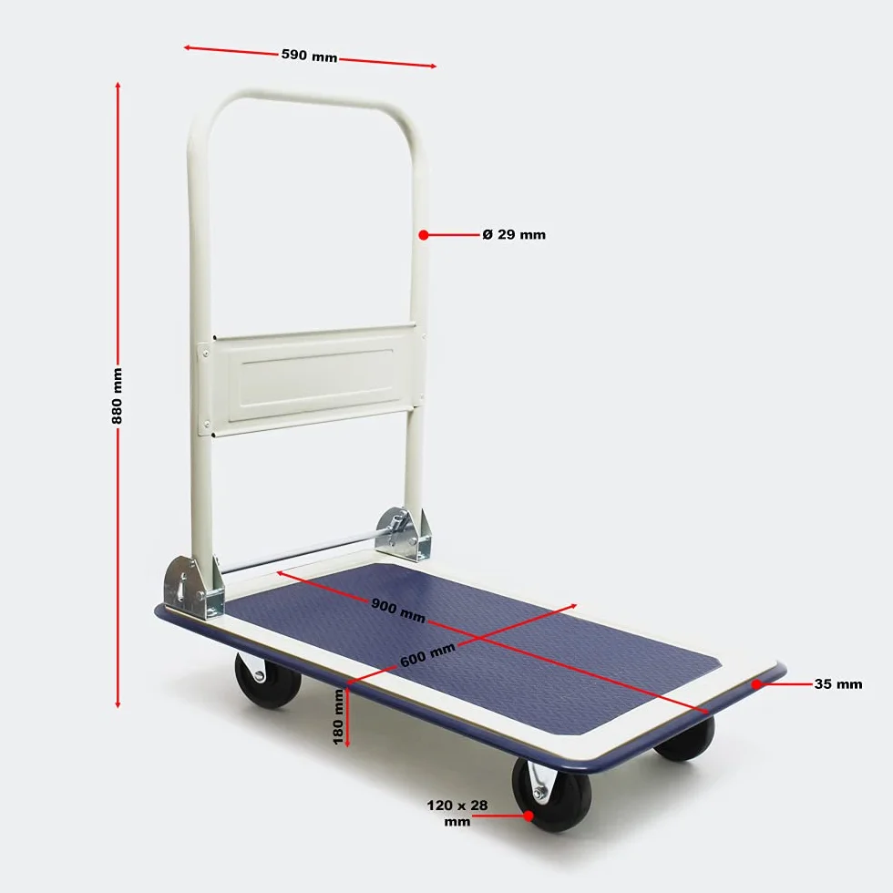 Carrello a pianale da magazzino max 300 kg con manico pieghevole