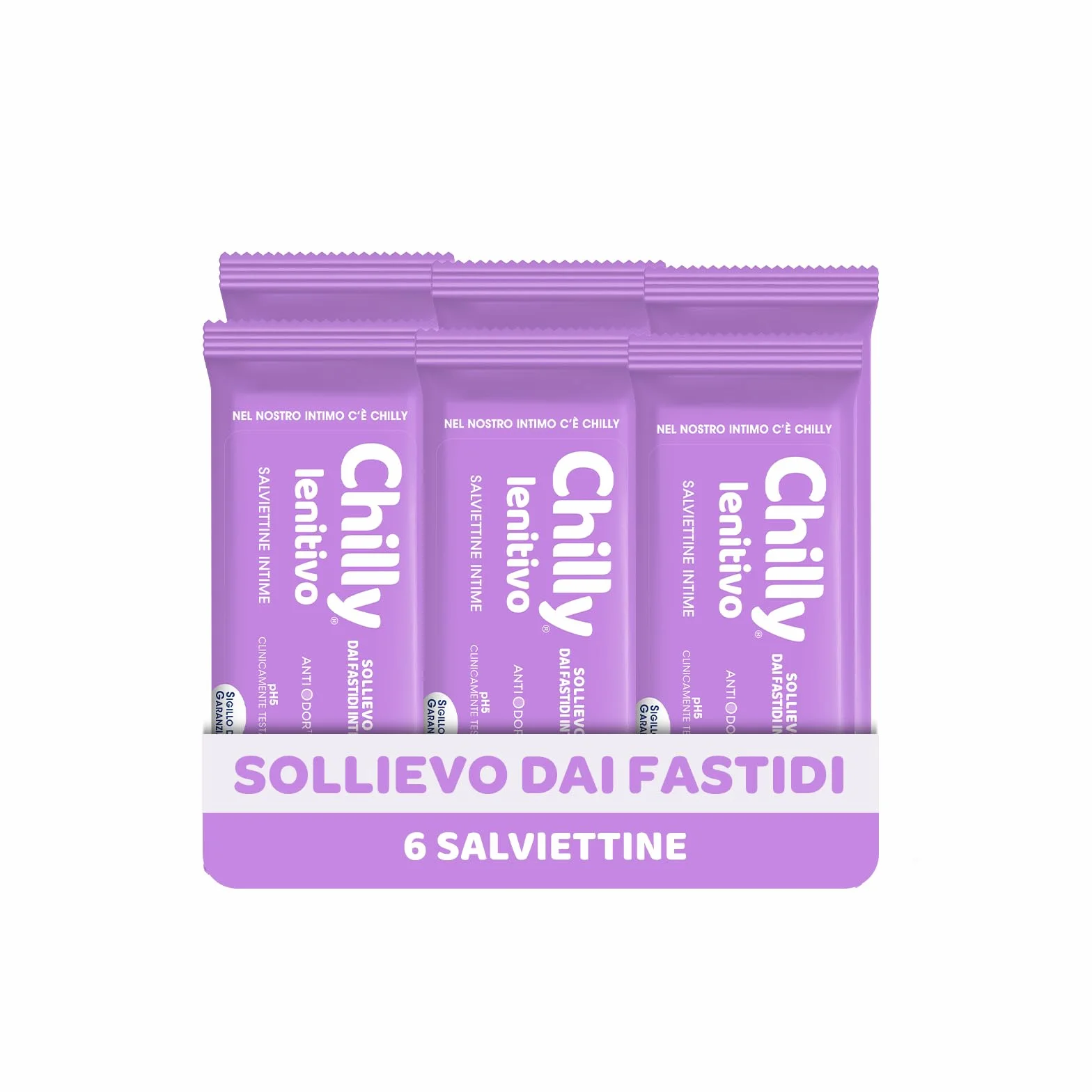 Chilly Salviettine Intime Lenitivo pH 5 Tessuto 100% Biodegradabile 6 Confezioni da 12 Salviettine