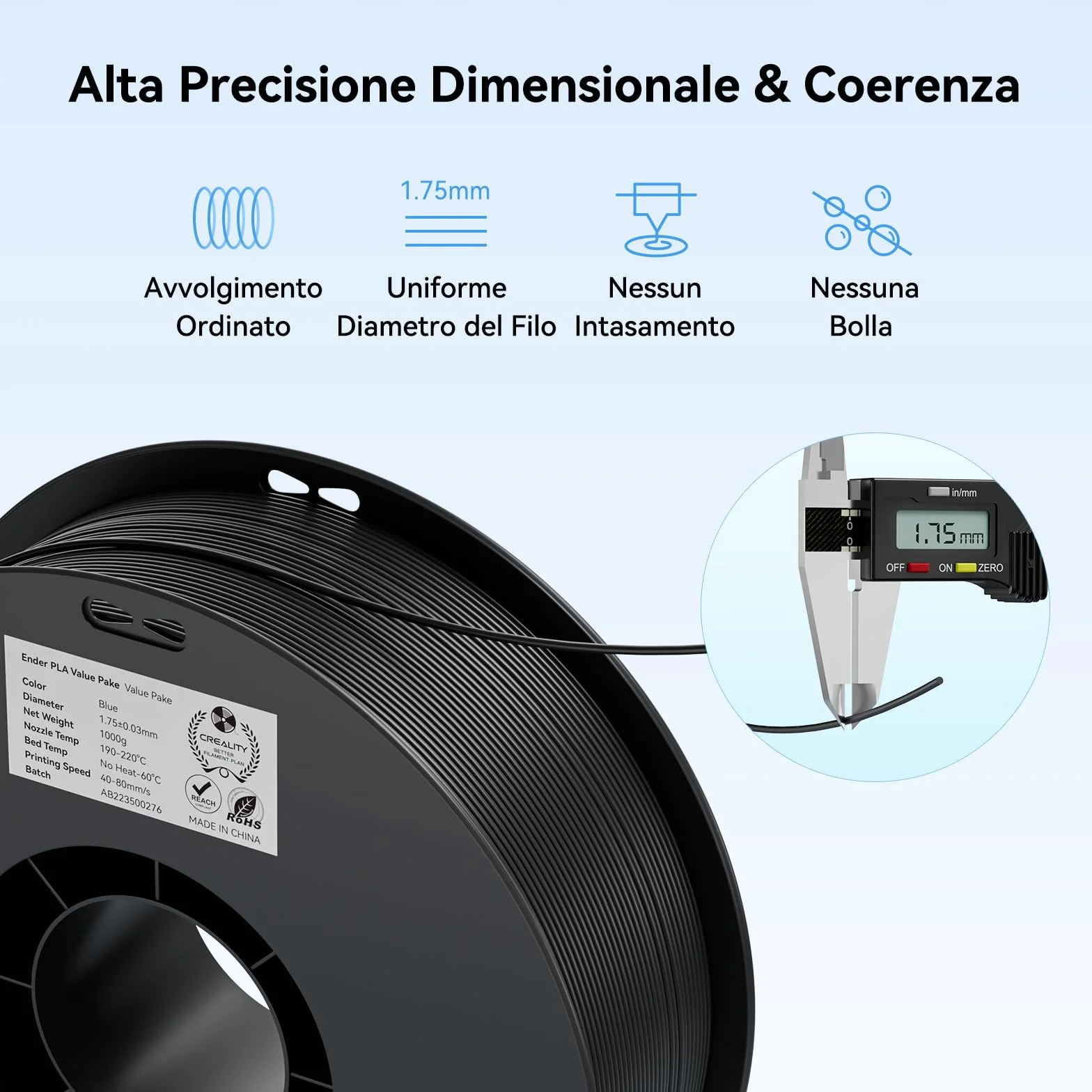 Creality Ender PLA Filamento 1,75 mm 2 kg Dimensionale +/- 0,03 mm per Stampante 3D Nero