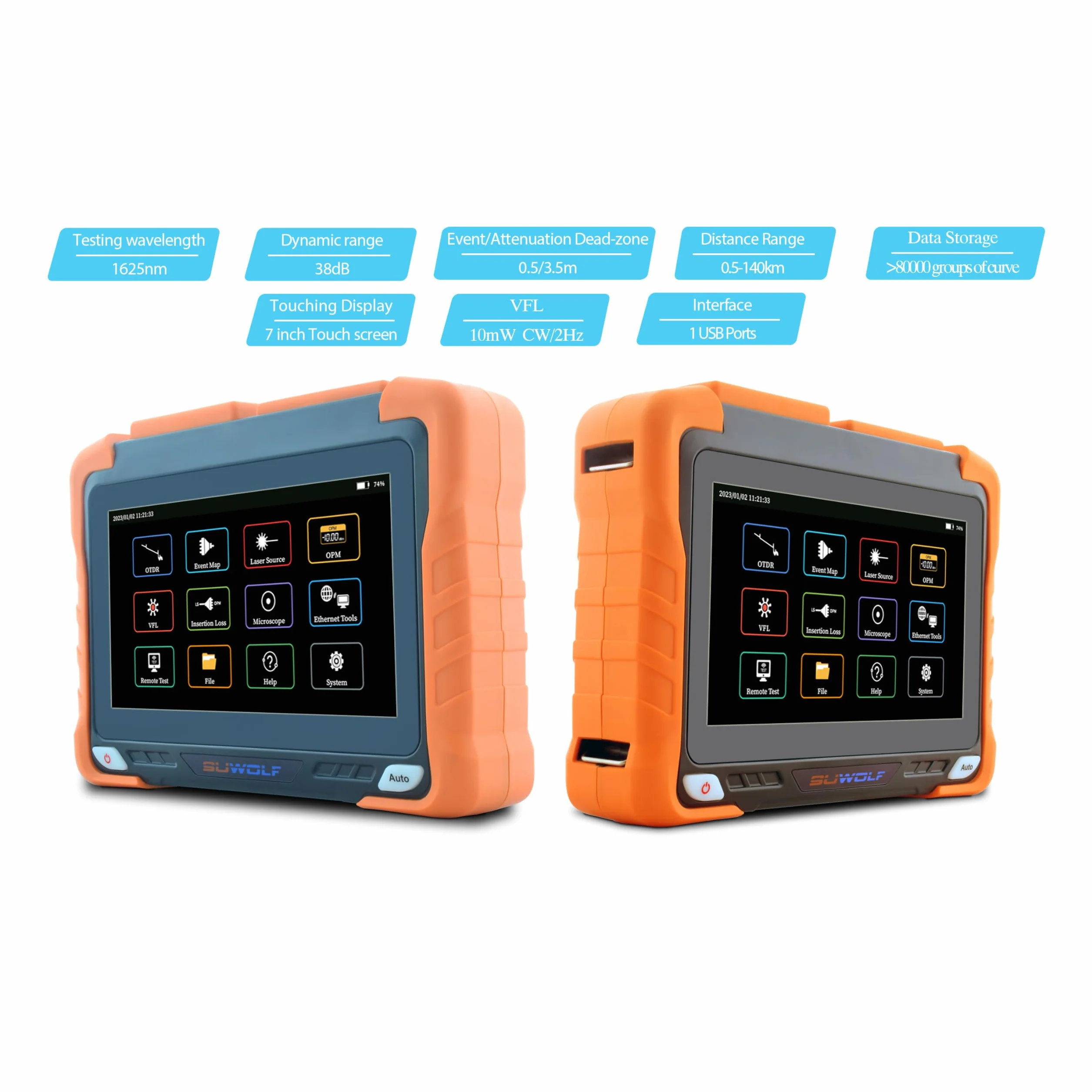 1625nm 38dB 4 in 1 SM OTDR +VFL+OPM+OLS 7" IPS Touchscreen 120Km PON OTDR Tester Per Fibra Ottica/Riflettometri Ottici Di Domande Di Tempo Con SC/FC/ST/LC UPC&APC Adattatore (OTDR62F-PS1A)
