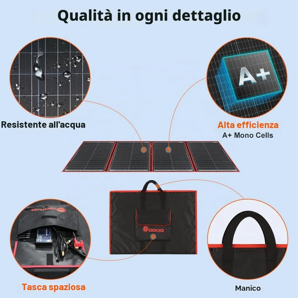 DOKIO 200W Pannello Solare Portatile (4,4 kg, 67 * 49cm) Mobile e Pieghevole + 20A Regolatore con Presa USB 5V 2A