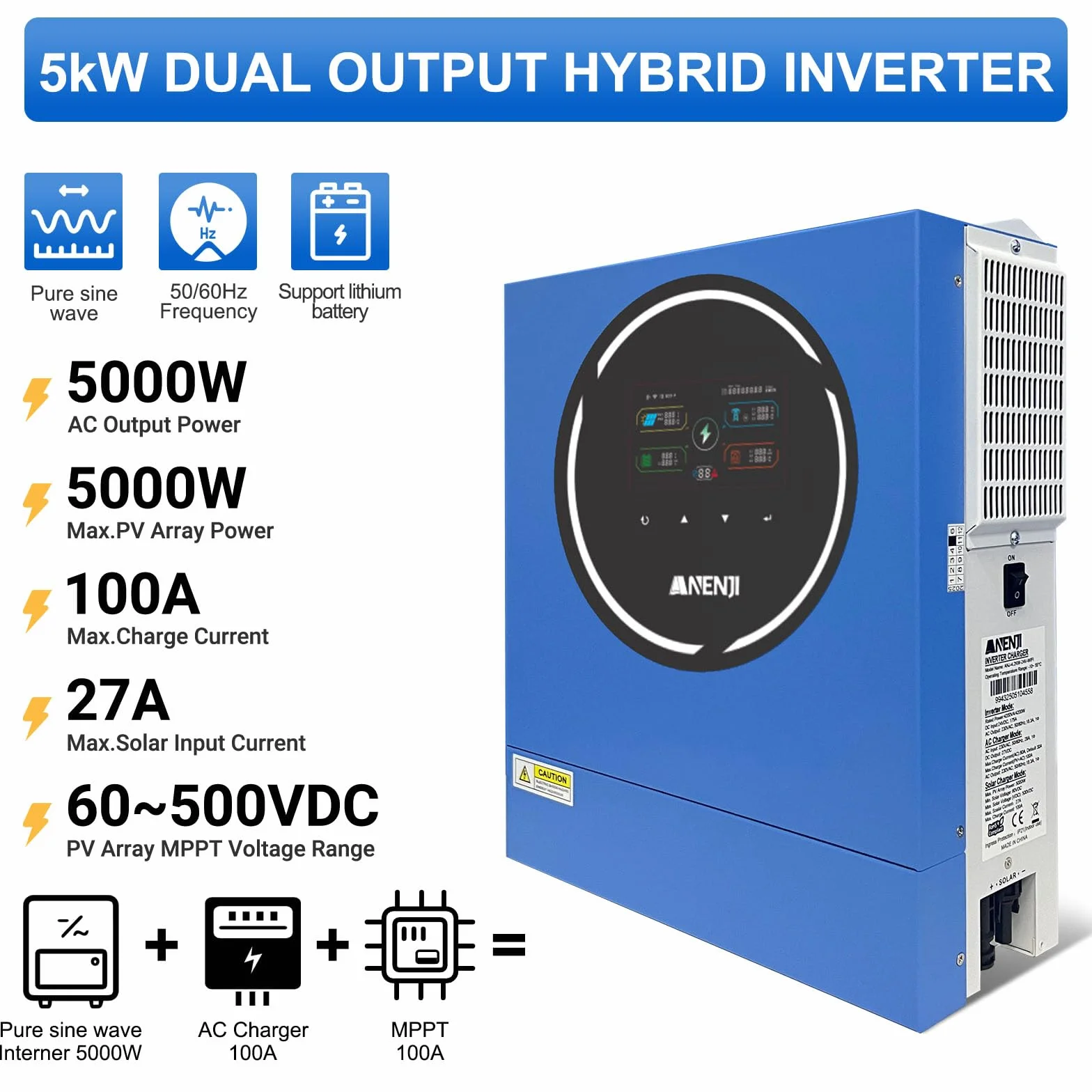 5000W Inverter Ibrido 48V Inverter Fotovoltaico a Onda Sinusoidale Pura, Tensione a Circuito Aperto Fotovoltaico 60–500 Vcc Dispone di Due Porte di Uscita Integrate e un Modulo WiFi
