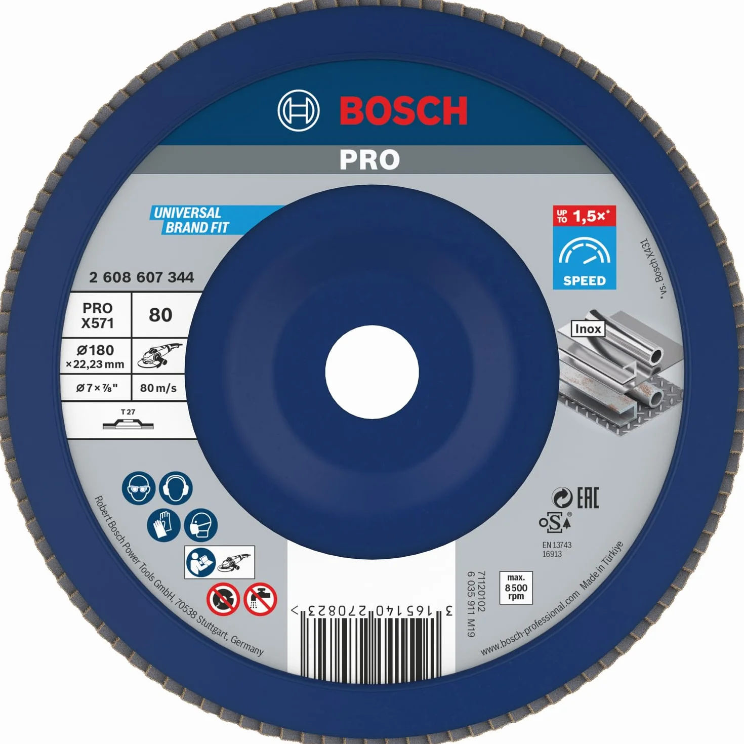 Bosch 1x Disco lamellare PRO X571 grandi, versione diritta, in plastica (per Acciaio, Acciaio inossidabile, Ø 180 mm, Grano 80, Professional Accessorio Smerigliatrice angolare grande)