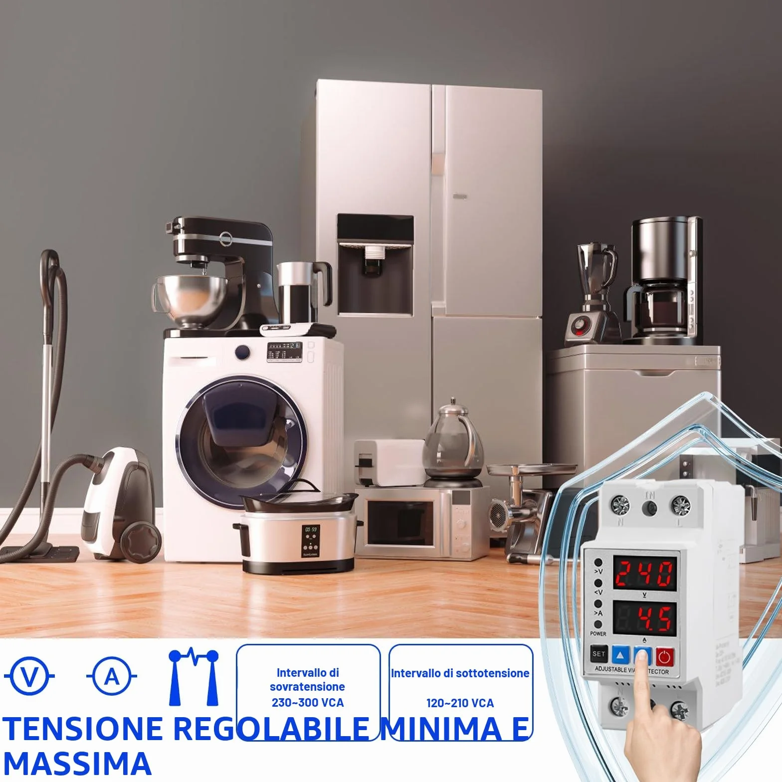 Stabilizzatore di Tensione, Protettore di Sovratensione e Sottotensione Stabilizzatore di Tensione Relè AC230V Automatico di Protezione Sovratensione 2P63A Protezione Sovracorrente
