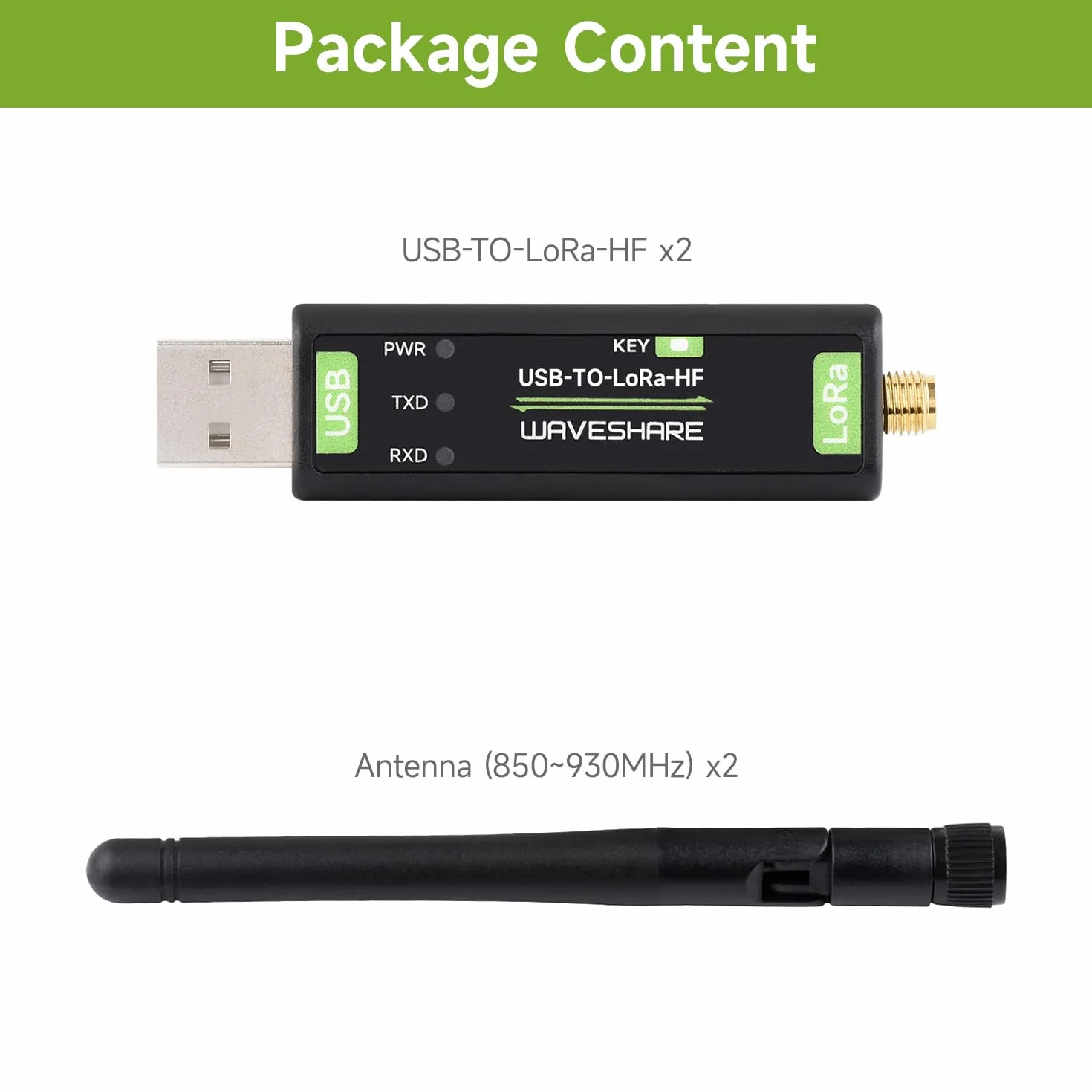 Waveshare USB-TO-LoRa-HF(2PCS), TCXO Crystal Oscillator, USB To LoRa Data Transfer Module, Based On SX1262, Suitable For Data Acquisition In Industry And Agriculture