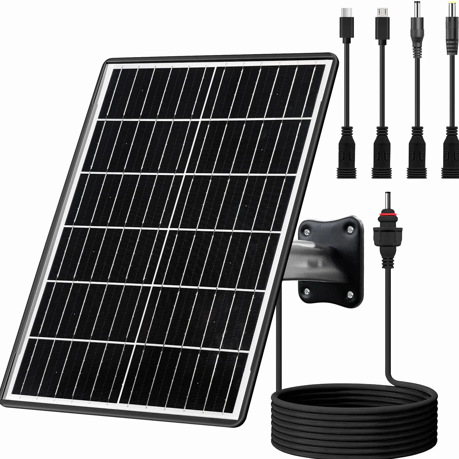 Kit di pannello solare 15 W con batteria integrata 16000 mAh Tensione: 5 V/6 V/9 V/12 V Corrente: 1,5 A Caratteristiche USB-C, Micro-USB e DC 2,1/1,7/1,35 mm Compatibile con tutte le telecamere di