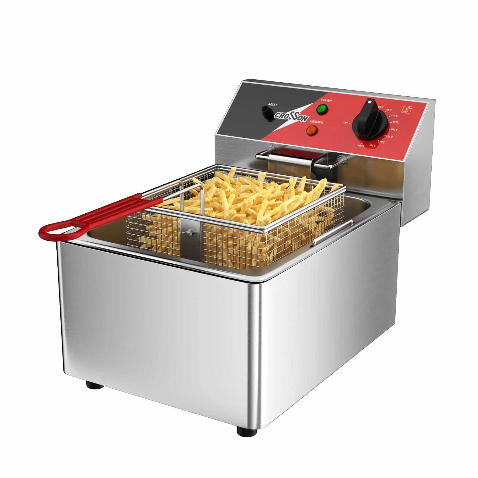 CROSSON Friggitrice Commerciale 6 Litri,Friggitrice Elettrica ad Olio da Inox 3000W con Cestello e Coperchio,Controllo Temperatura 80-200°C,per Cucina Ristorante