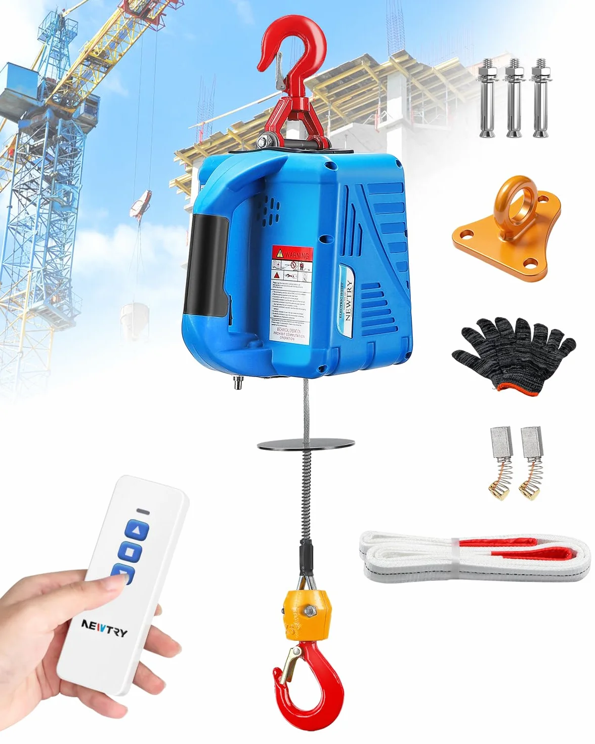 NEWTRY Paranco Elettrico 500 kg con Telecomando Senza Fili 1500W Gru di Sollevamento Elettrico 7,6m Verricello Elettrico Gru di Sollevamento Con istruzioni in italiano (EU Plug)