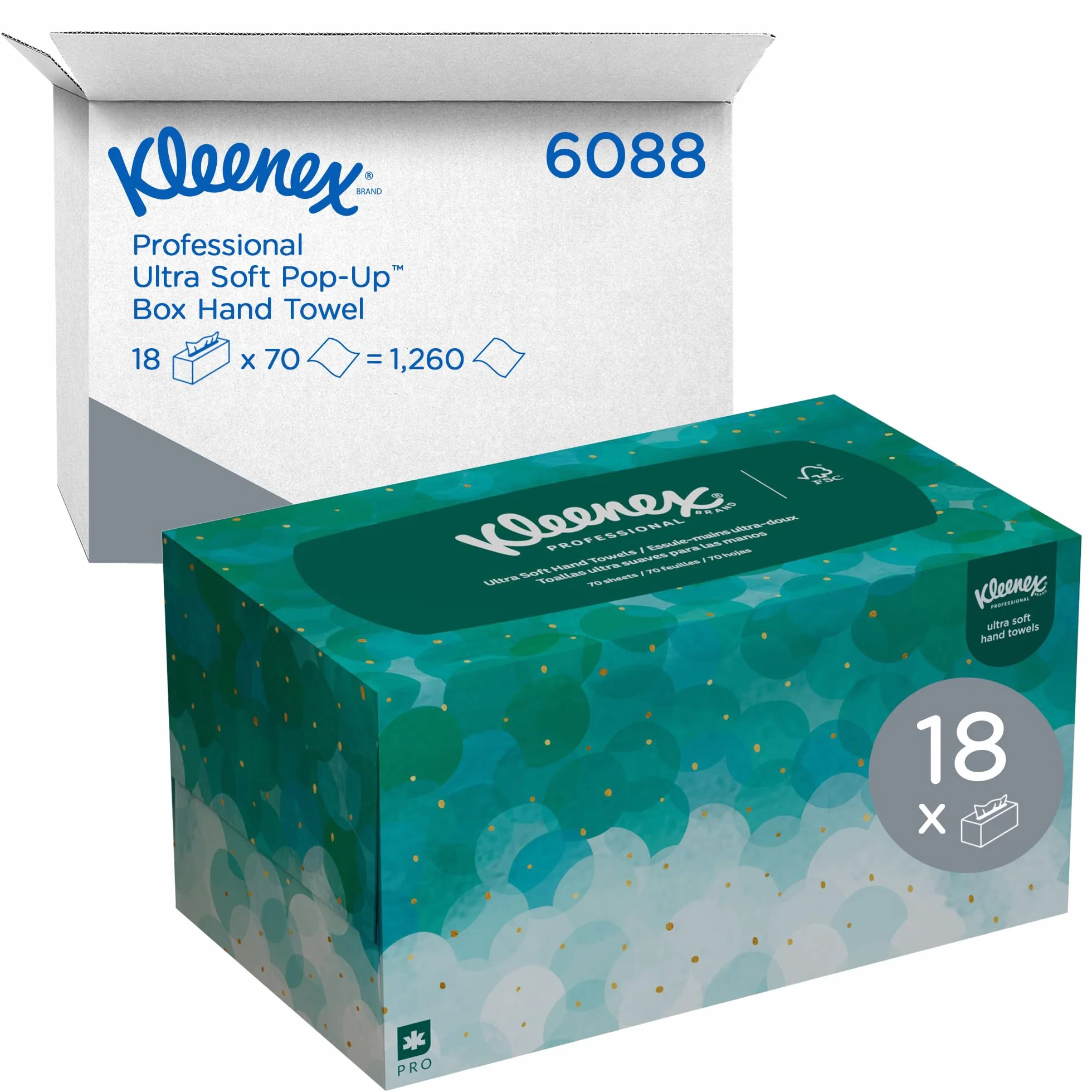 Kleenex Asciugamani Intercalati 6088, 1 Velo, Resistenti e Assorbenti, Formato Pop-Up con Erogazione Senza Contatto, Compatibili con Dispenser Kimberly-Clark 9924, 18 Scatole x 70 Fogli (1.260 Tot)