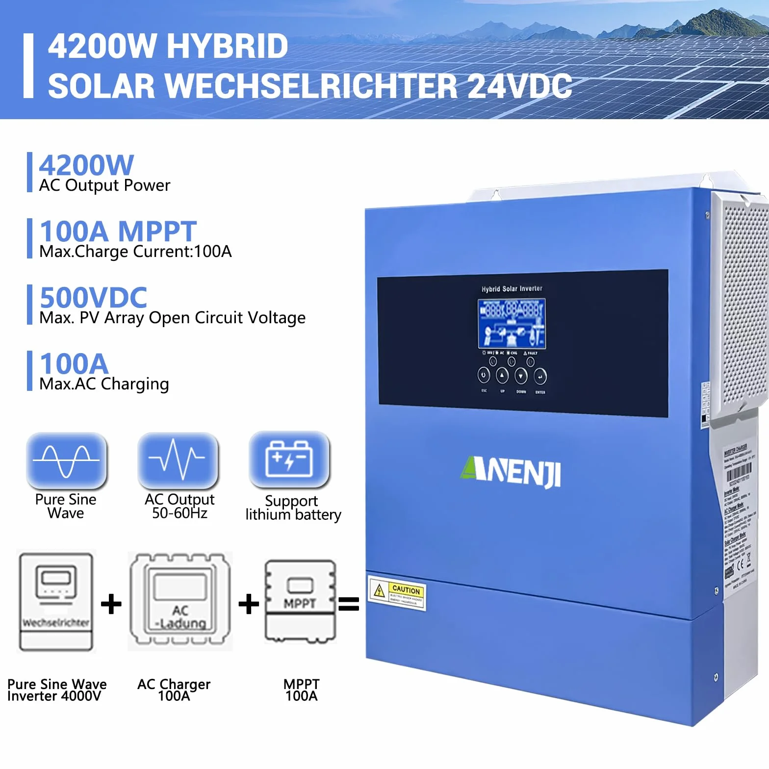 Inverter solare ibrido da 4,2 KW, 24 VDC a 230 VAC, inverter sinusoidale puro con regolatore di carica solare MPPT, tensione di ingresso max PV 500 V, per batterie al litio da 24 V, con