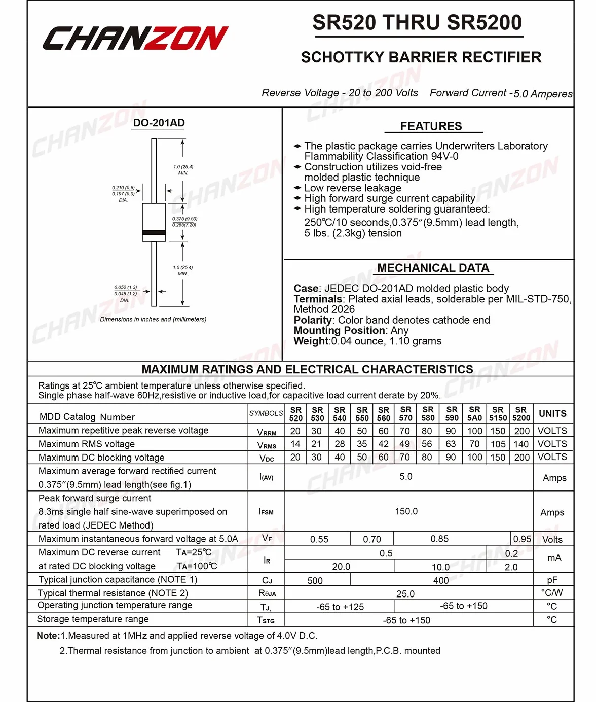 (Confezione da 20 pezzi) Chanzon SR540 (SB540) Diodi raddrizzatori a barriera Schottky 5A 40V DO-201AD (DO-27) Assiale 5 Amp 40 Volt