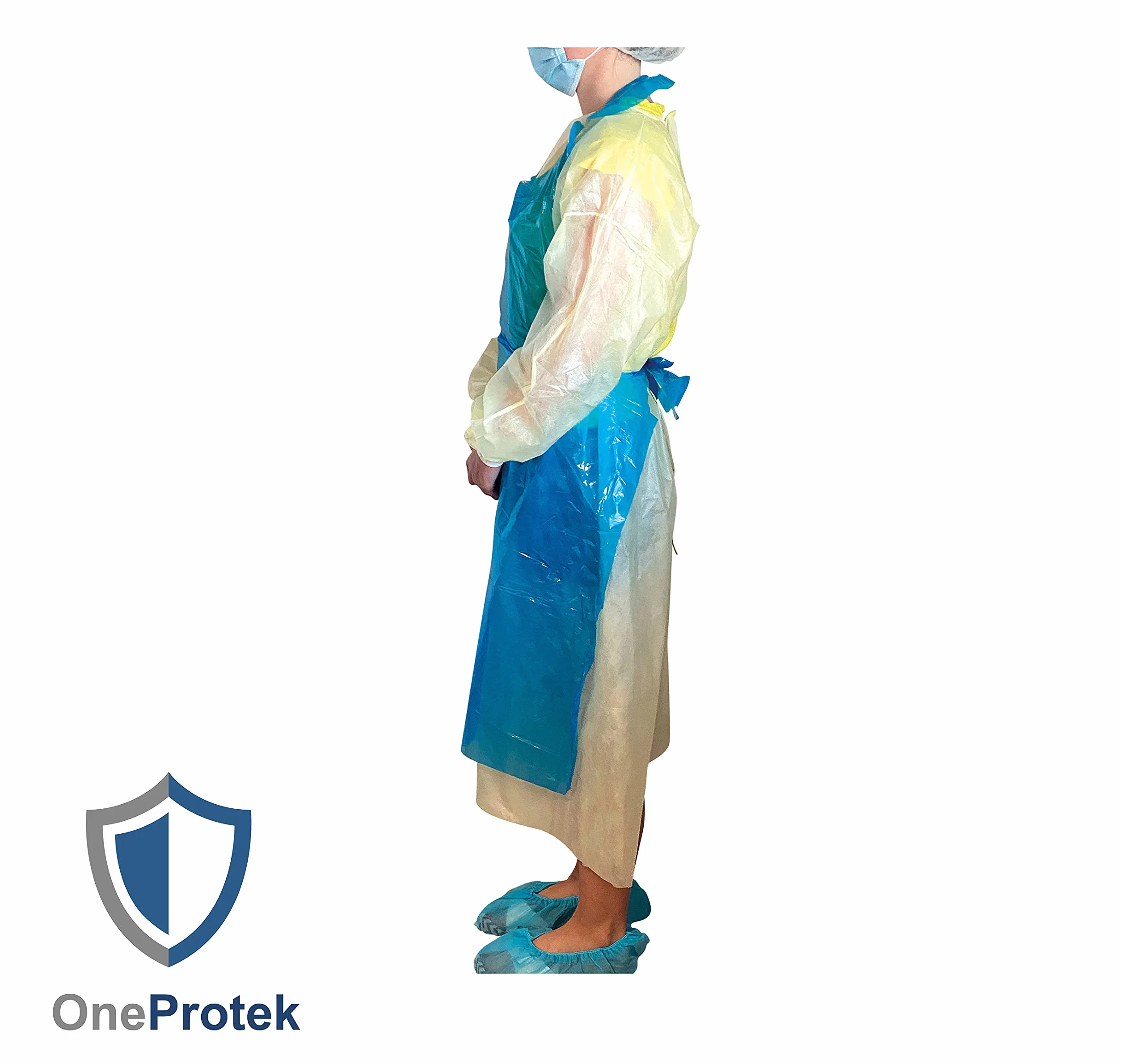 100 Grembiuli monouso PE impermeabili blu OneProtek - Polietilene (PE), 20 micron - Alta qualità, versatile - Taglia unica (70x120 cm) - A strappo