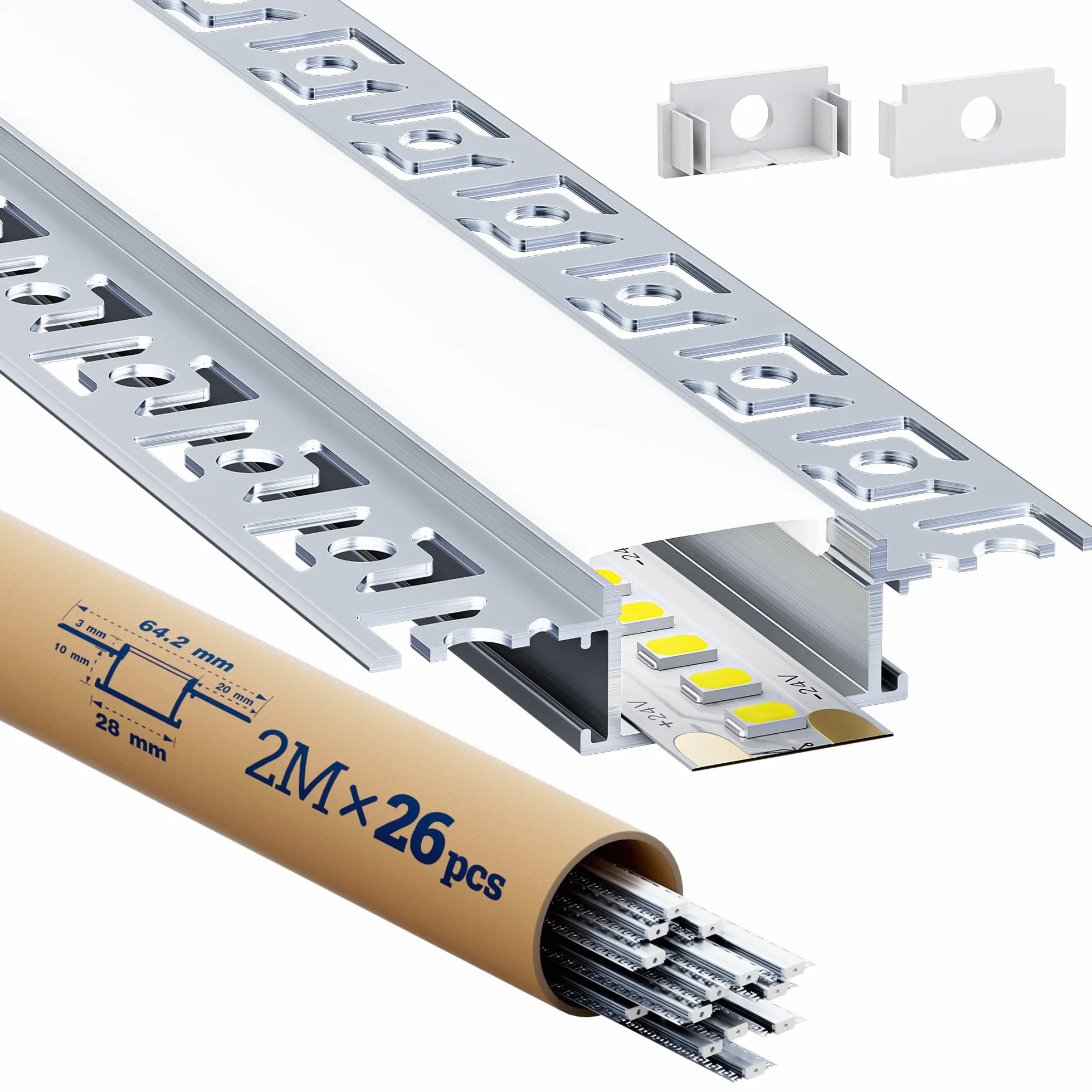 26 Profilo Alluminio per Strisce LED 2m Diffusore di luce forma di U Profilo Copertura Tappo Terminale per Cartongesso Soffitto Parete illuminazione lineare Larghezza interna del Profilo 20mm