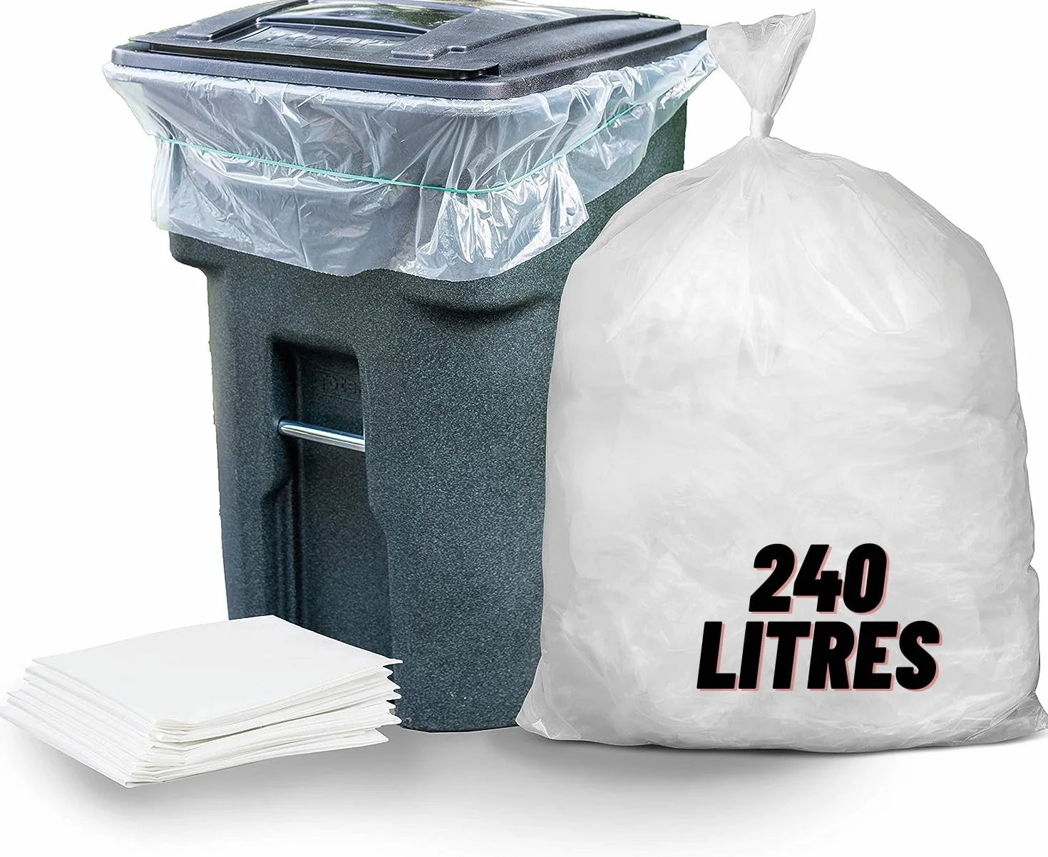 SACCHI SPAZZATURA TRASPARENTI 240L x100, Sacco per Pattumiere, 240 Litri, Trasparente, Contenitore a 2 Ruote, ad Alta Resistenza, Tri-Selettivo, Protezione Anti-Perdite e Sporco, Lavabile
