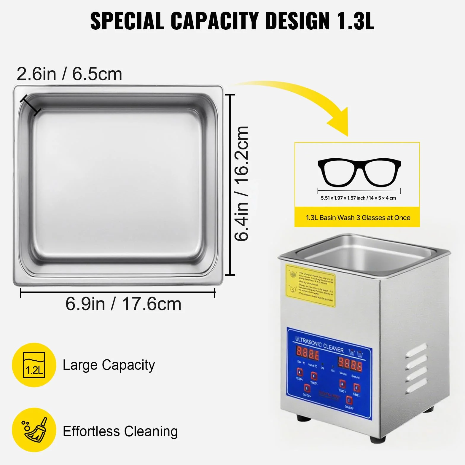 VEVOR Pulitore a Ultrasuoni 18 x 16,5 x 21,2 cm Pulitore a Ultrasuoni per Parti 1,3 Litri con Temporizzatore di Riscaldamento, Impostazione del Tempo da 0 a 30 Minuti, con Schermo Digitale a LED