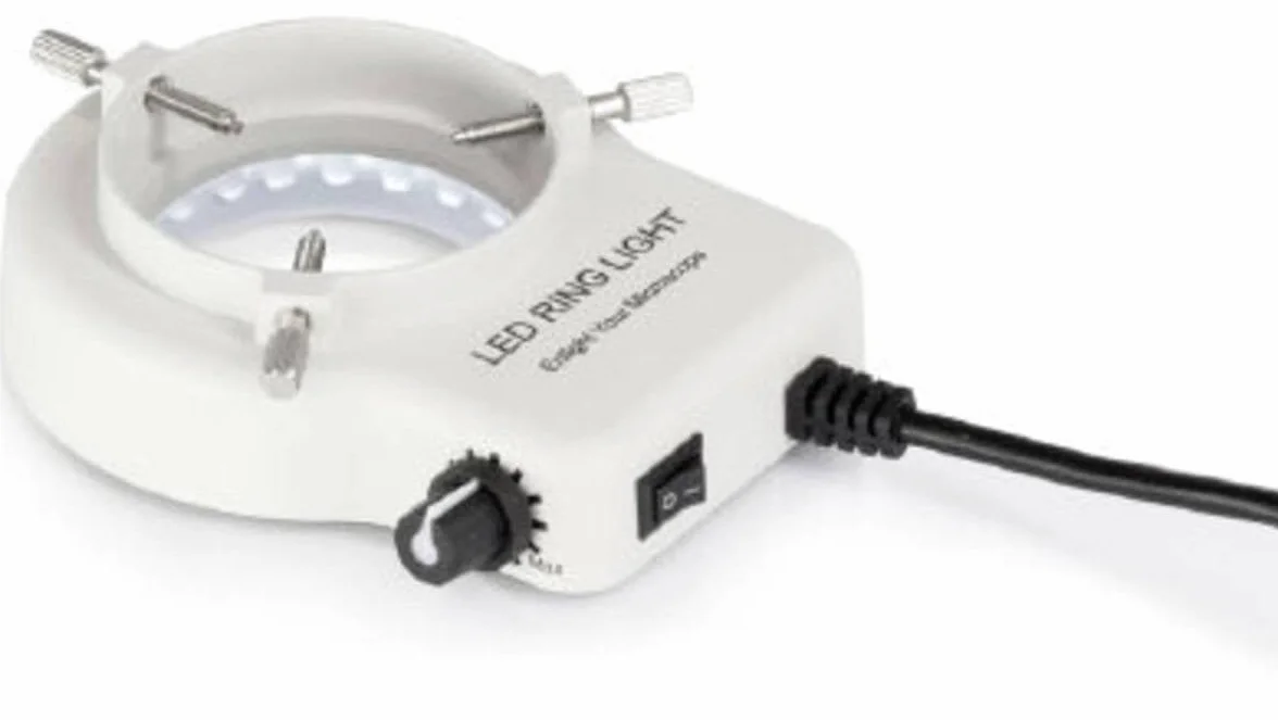 Illuminazione ad anello [Kern OBB-A6102] per la massima flessibilità nella croscopia stereo, intensità luminosa: 4,5 W, temperatura colore: circa 7600 K, dimmerabile, diametro interno: 63 mm.