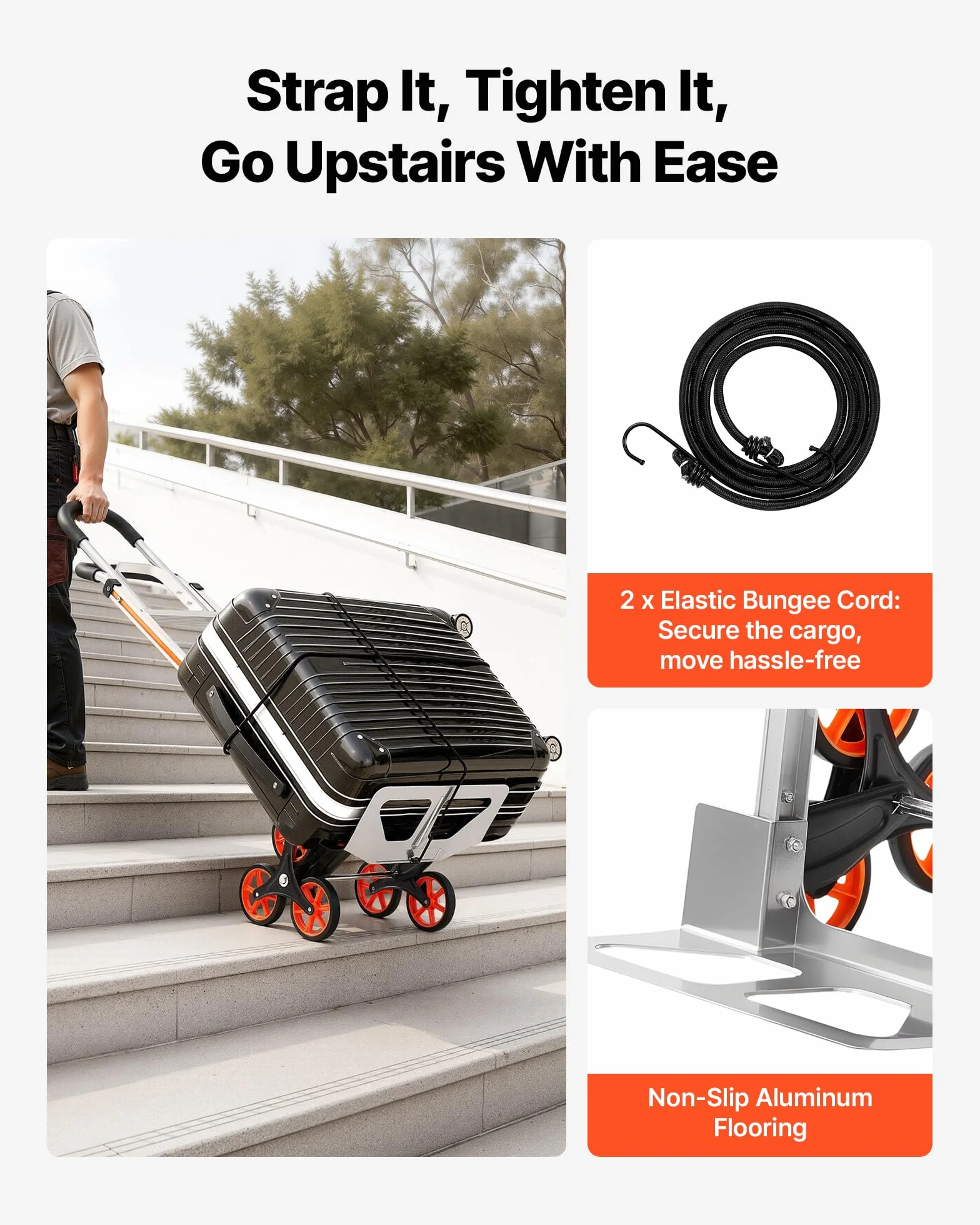 VEVOR Carrello Saliscale Capacità di Salita Scale 150 kg, Carrello Pieghevole in Lega di Alluminio con Maniglia Telescopica, 6 Ruote e 2 Corde Elastiche, per Casa, Generi Alimentari, Magazzino