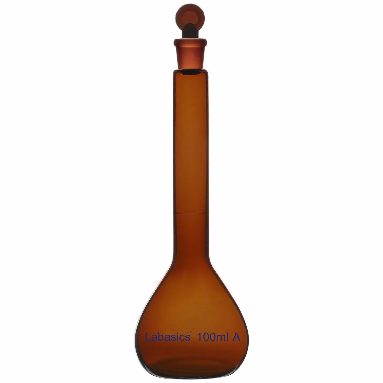Labasics Pallone Tarato Amber da 100 ml, Vetro Borosilicato di Classe A con Tappo in Vetro Marrone Abbinato, Ideale per Soluzioni Sensibili Alla Luce nei Laboratori Chimici