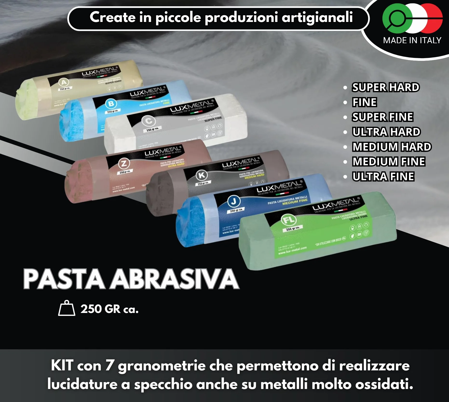 Lux Metal - Kit 7 Disco Lucidante 150 mm e 7 Pasta Abrasiva Lucidante 250 gr - Per Alluminio, Ferro, Acciaio Inox, Bronzo, Marmo - Ruota Lucidatura Metalli Trapano Mola Smerigliatrice Feltro Cotone